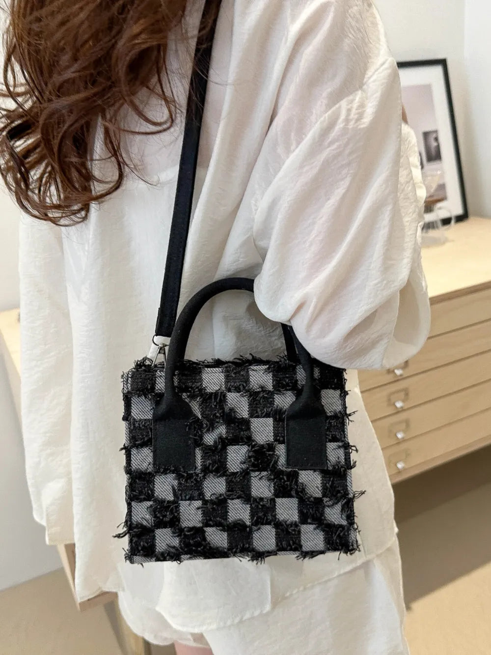Raw Hem Checkered Denim Handbag