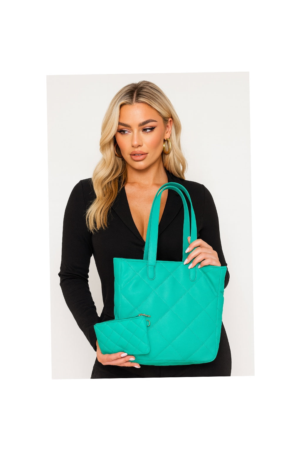 Quilted Vegan Leather Tote Handbag with Detachable Wrist Wallet